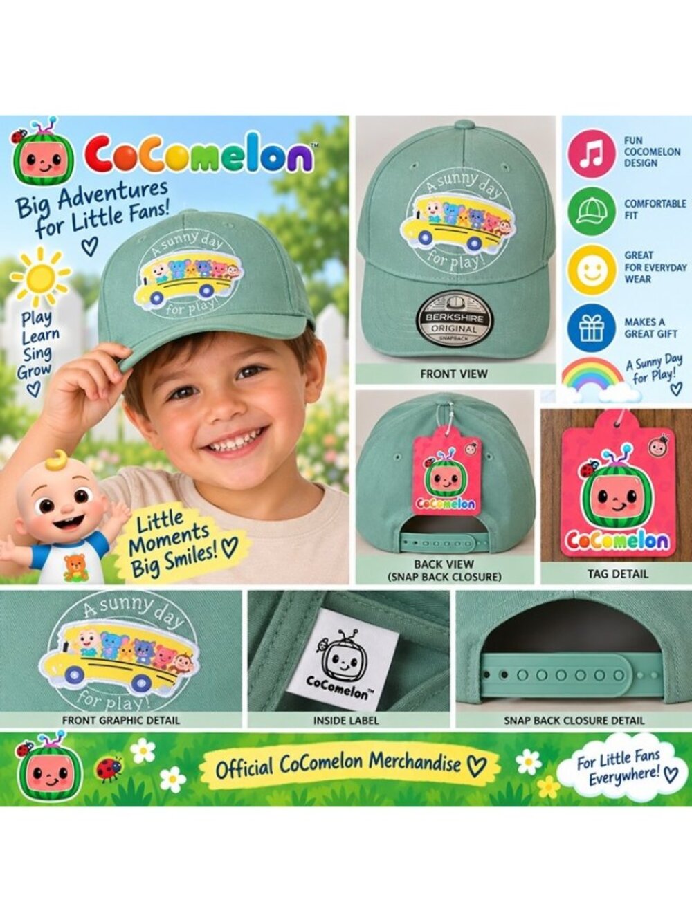 CoComelon Kids Snapback Baseball Cap Green School Bus Graphic Adjustable NWT